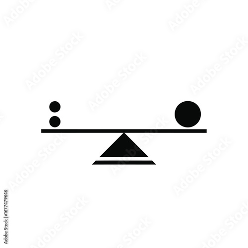A minimalist black and white graphic of a seesaw in perfect balance, with two small dots on one side equaling one large circle on the other.