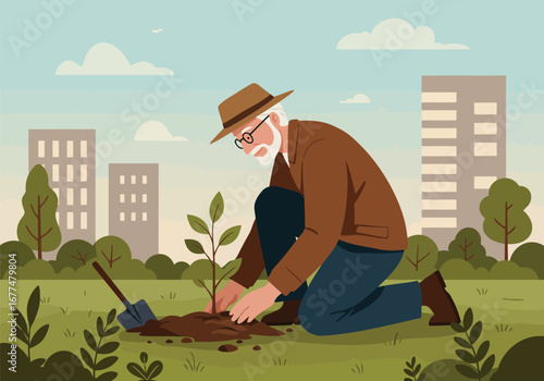 Senior man planting a tree in a city park.