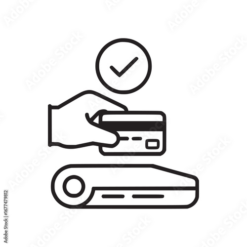 Hand holding a credit card above a card reader with a check mark circle on a white background