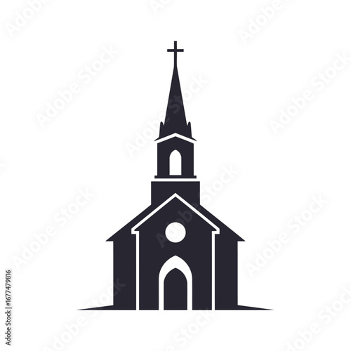 Silhouette of a traditional church building with a tall spire and cross.