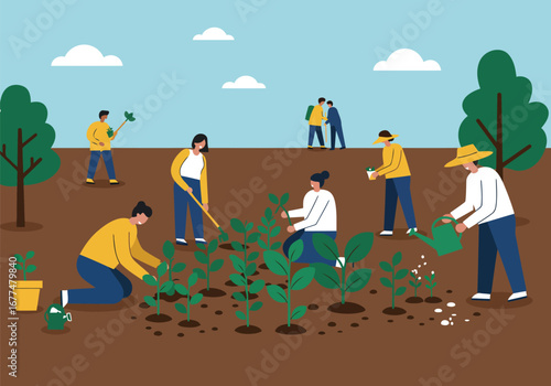 A group of people working together in a community garden, planting and tending to plants.