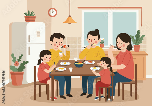 A happy Asian family of five eating a meal together at the dining table in their cozy home illustration.