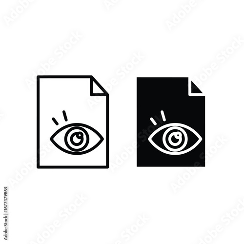 Two stylized icons representing a document with an eye symbol, one in outline and the other in solid black.