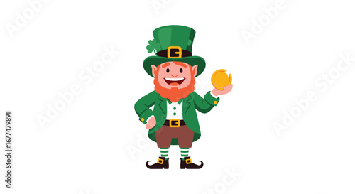 Charming leprechaun character holding a golden coin celebrating irish culture with festive spirit