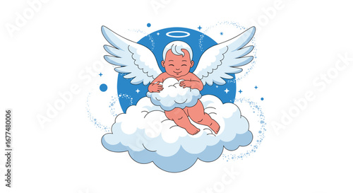Cute baby angel with white wings sitting on fluffy clouds surrounded by stars and a blue celestial background