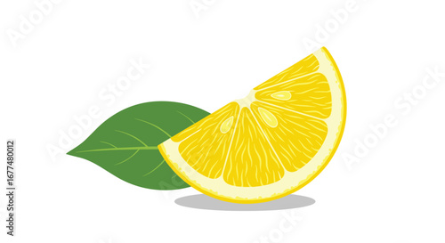 A refreshing slice of citrus fruit with a green leaf and subtle shadows on a white background