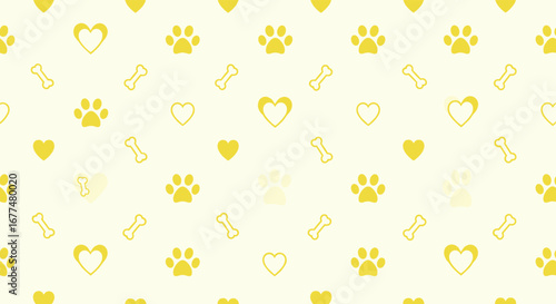 Adorable yellow paw prints hearts and bones repeating pattern for pet lovers