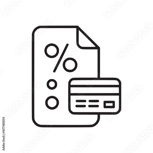 A line drawing of a document with a percentage sign and a credit card on a white background