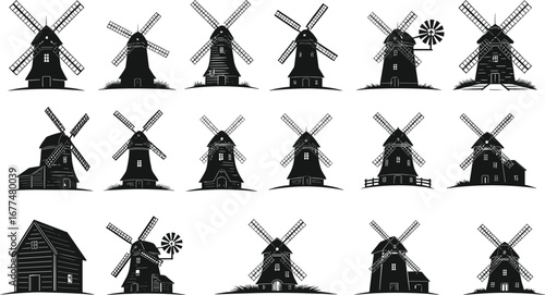 Collection of vintage windmill silhouettes with farmhouse designs, rural countryside structures, traditional architecture, classic windmills, rustic landscapes, historical farming buildings