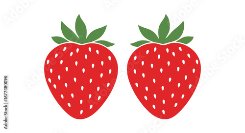 Two bright red strawberries with green leaves on a white background