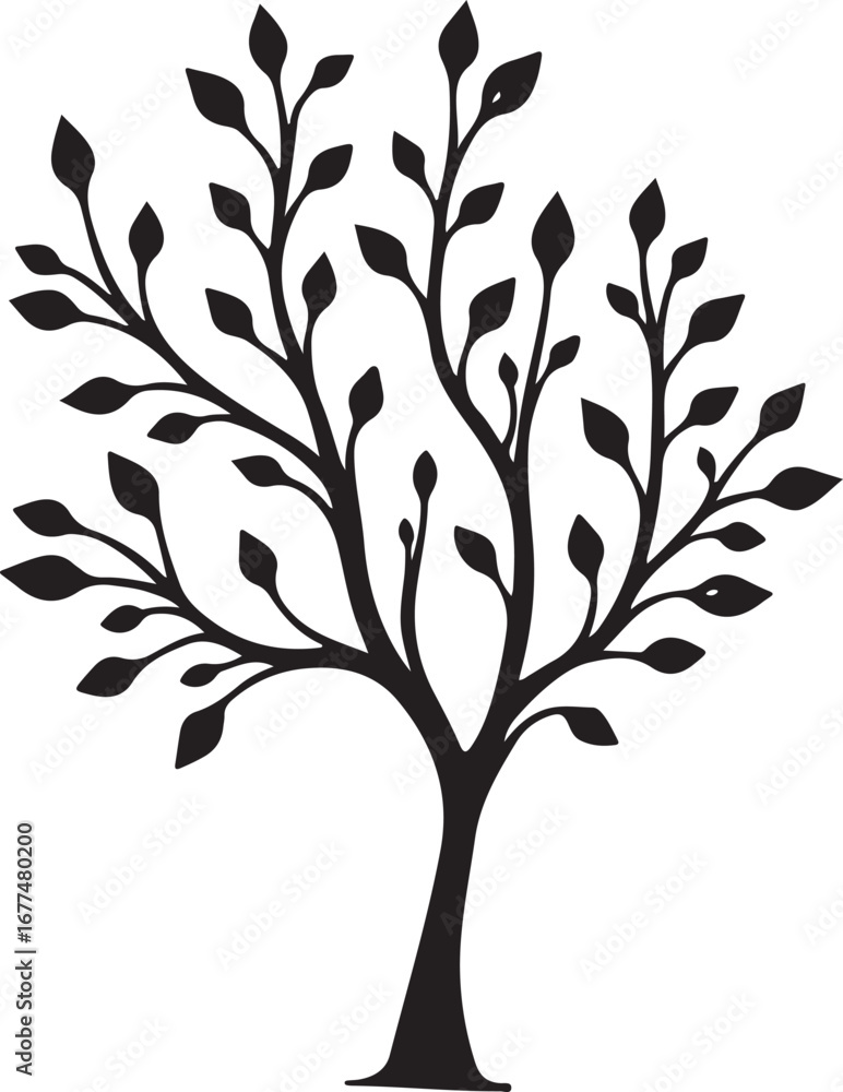 Obraz premium Elegant Tree Silhouette with Leaves – Nature Vector ArtLeafy Tree Silhouette – Black Tree Design ElementStylized Tree with Leaves – Decorative Nature Illustration
