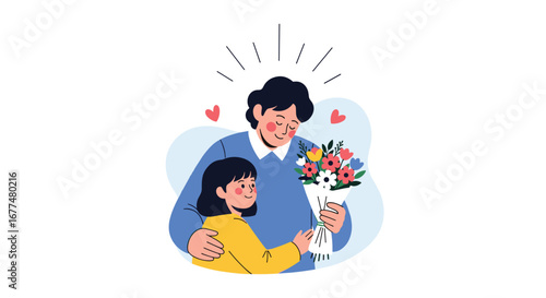 A loving father receives a beautiful flower bouquet from his cherished daughter with affectionate hearts floating around them