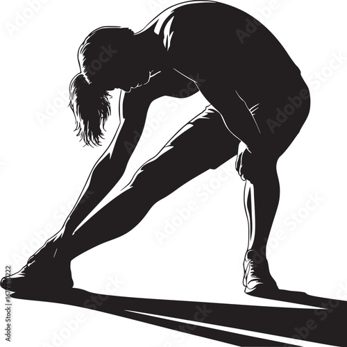 Silhouette of a woman stretching her legs in a forward bend position on a white background