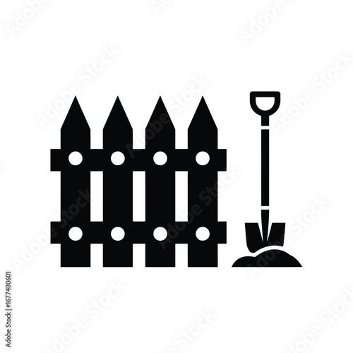 A black silhouette icon of a picket fence and a shovel in a mound of dirt.