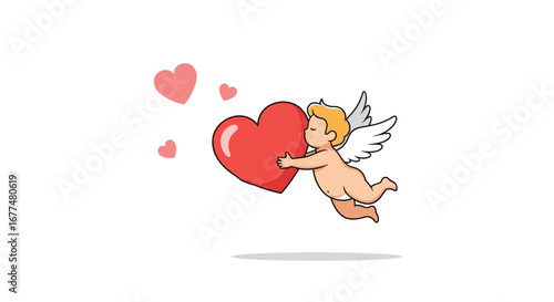 Cherubic messenger carrying a large red heart surrounded by smaller pink hearts symbolizing love and affection on valentine's day