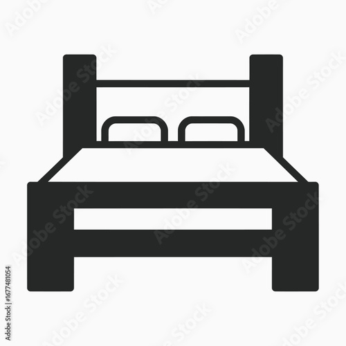 A simple black silhouette icon of a double bed with two pillows, representing sleep, rest, and furniture.
