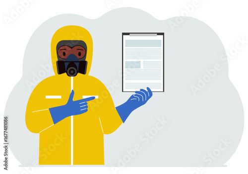 A man in a yellow radiation protective suit and a helmet with a respirator, chemical or biological safety uniform. Vector