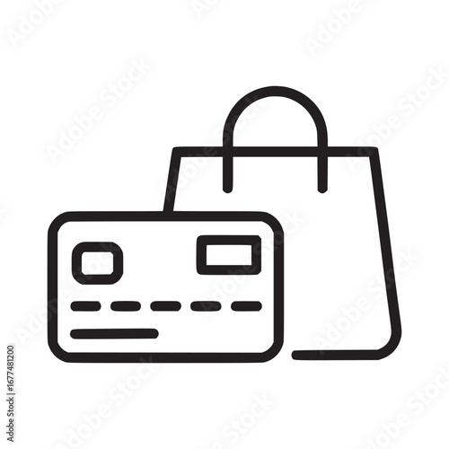 A simple line drawing of a credit card and a shopping bag on a plain white background icon style
