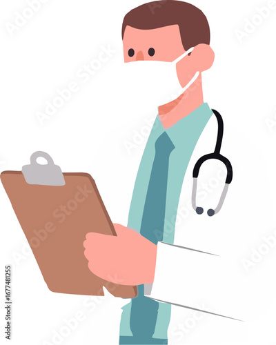 Ilustrasi kartun seorang dokter tampan dengan stetoskop dan clipboard, siap merawat kesehatan rakyat