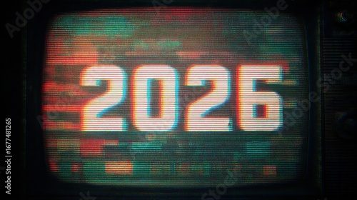 2026 message on vintage television screen with glitch effect