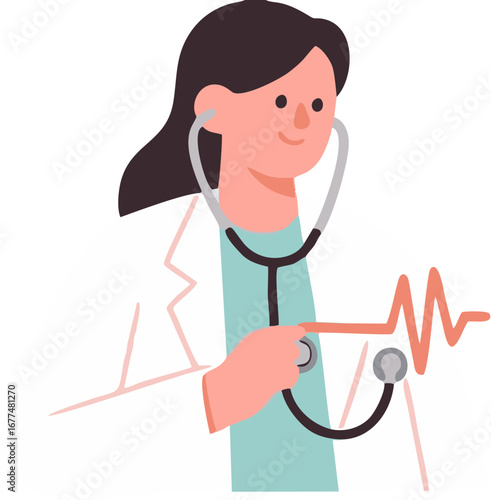 Wanita pengusaha sukses, dokter dengan stetoskop, dan grafik