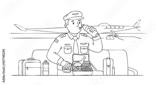 Black and white outline of a pilot enjoying his lunch before takeoff, illustrating the daily routine and lifestyle of an aviator
