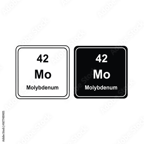 Two square icons representing the chemical element Molybdenum, one with a white background and the other with a black background.