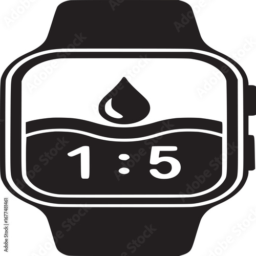 Illustration of a black smartwatch displaying a water droplet and the time one oh five on screen