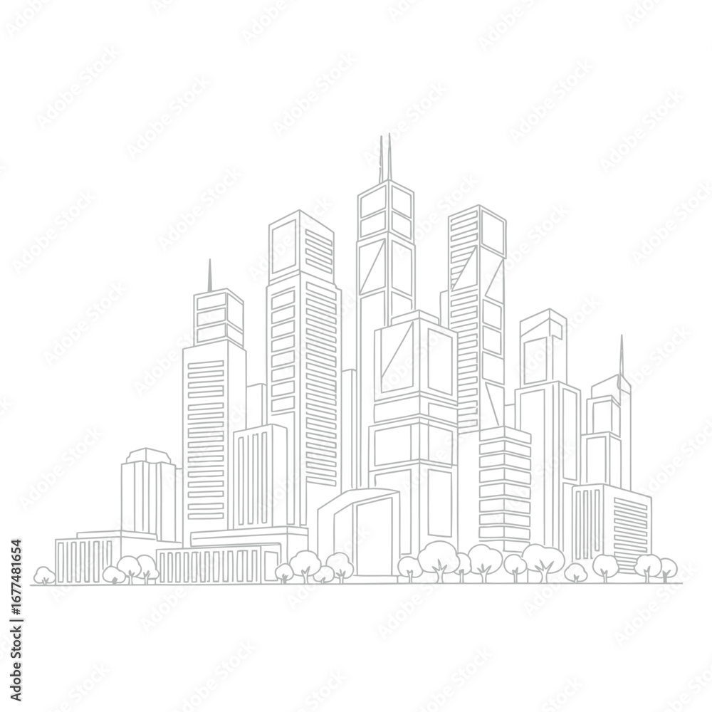 Fototapeta premium Line drawing of a modern city skyline with numerous skyscrapers.