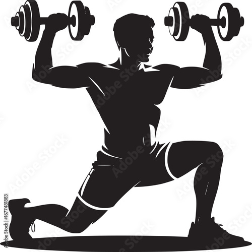 Silhouette of a muscular man doing a lunge exercise while holding dumbbells above his head in a gym