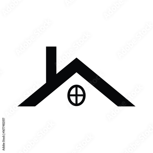 A simple black icon of a house roof with a chimney and a small round attic window on a white background.