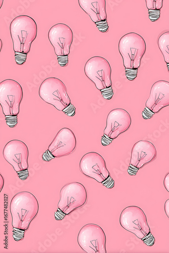 Pattern of pink light bulbs on a pastel pink background, ideal for creative projects and designs