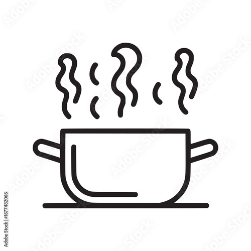 A simple line drawing of a cooking pot with steam rising on a white background illustration style