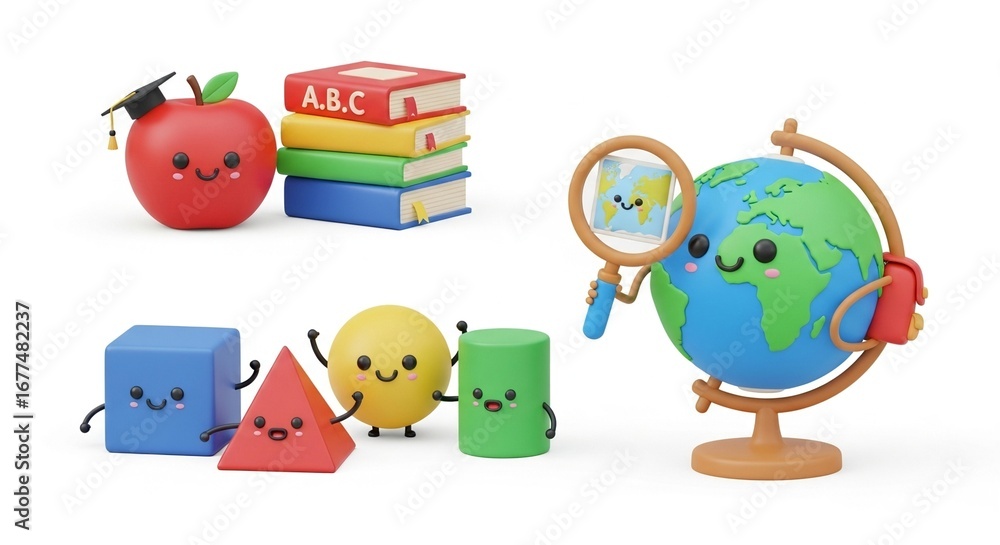 Obraz premium Cute cartoon characters representing school supplies and educational concepts, including an apple with a graduation cap, books, geometric shapes, and a globe with a magnifying glass.