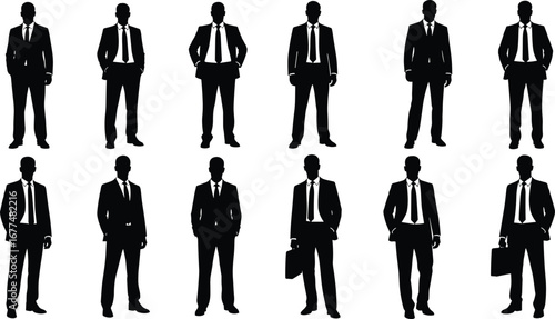 Businessman silhouette illustration, black and white corporate poses, professional male figure art, office attire design, briefcase posture, business concept graphic