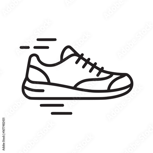 A stylized black outline of a running shoe with motion lines on a white background illustration
