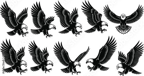 Eagle silhouettes in flight and landing poses, detailed bird of prey vector set for wildlife, tattoo, logo, hunting, and design projects