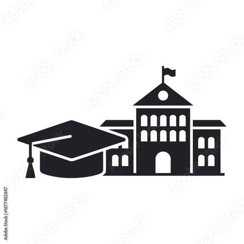 Graduation cap and academic building illustration.