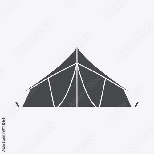 A stylized, dark gray silhouette of a classic A-frame tent with visible support poles and guy lines against a light gray background.