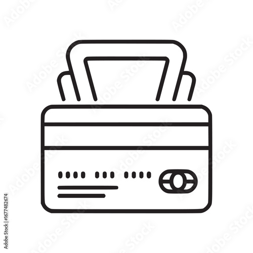 A minimalist line drawing of a credit card on a white background with a chip and magnetic stripe shown