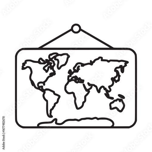 World map outline hanging on a wall with a simple black and white design of the continents shape