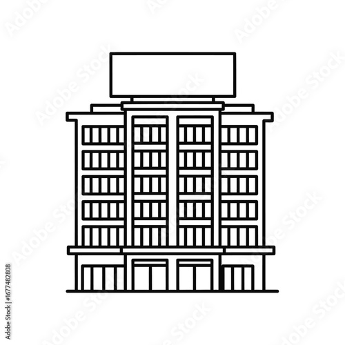 A black and white line art icon of a multi-story city building with a large, blank billboard on the roof.