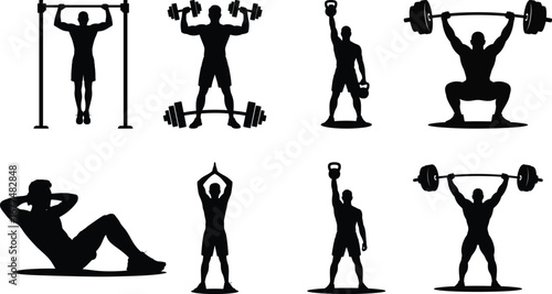 Black silhouettes of men exercising with weights and bars exercise fitness
