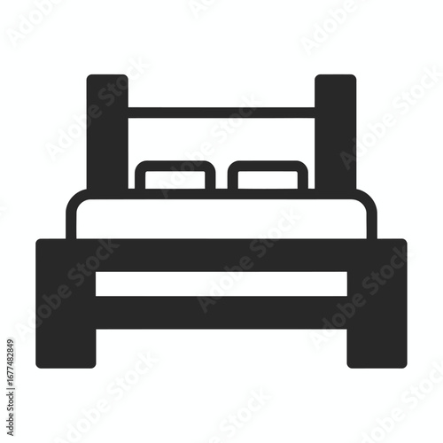 Black silhouette icon of a double bed with two pillows, a headboard, and a footboard, representing sleep and comfort.