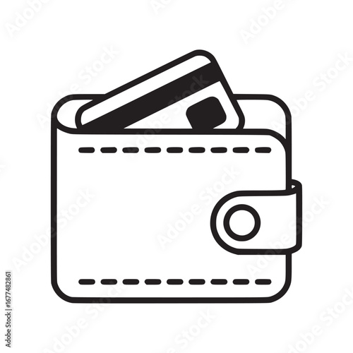 A minimalist line art illustration of a wallet with a credit card sticking out of the top edge