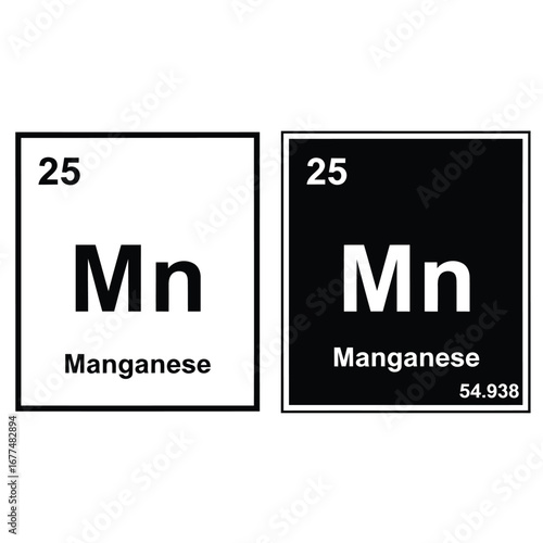 Manganese element representation from the periodic table, with atomic number and mass.