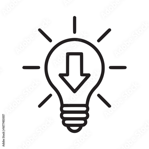 Lightbulb with arrow pointing down and radiating lines in a minimalist black and white design style