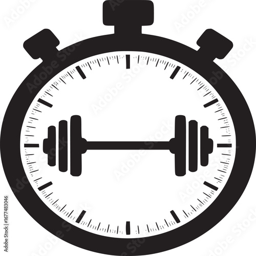 A black and white graphic of a stopwatch with a barbell in the center representing time for fitness