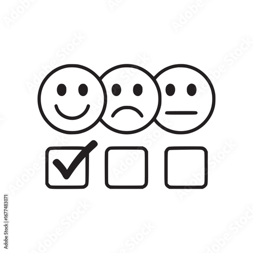 Three faces with different expressions and a check mark on the happy face box in black and white