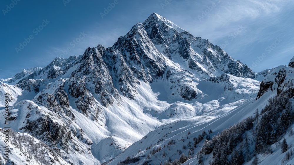 Obraz premium A majestic snow-capped mountain range stretches across the landscape under a brilliant blue sky.